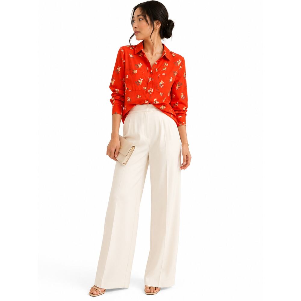 LR2209 LOFT Floral Button Front Blouse Women’s Medium Red Orange Lightweight Top